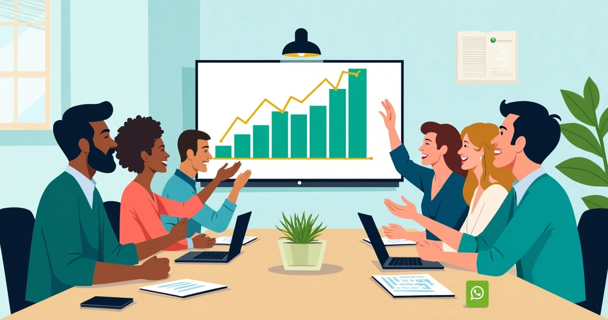 Equipe de marketing comemorando resultados em reunião com gráficos de WhatsApp 