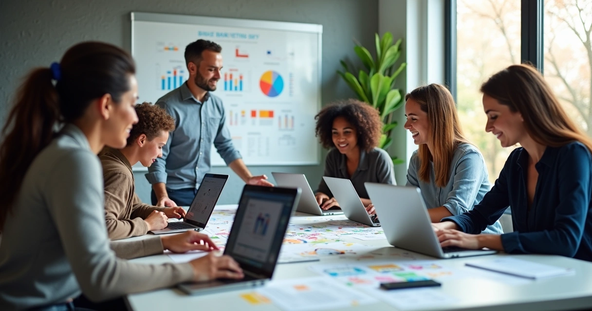 Equipe de marketing reúne-se para revisar imagens geradas por IA em notebooks