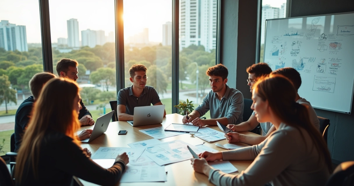 Equipe jovem de marketing trabalhando em escritório moderno em Campina Grande 