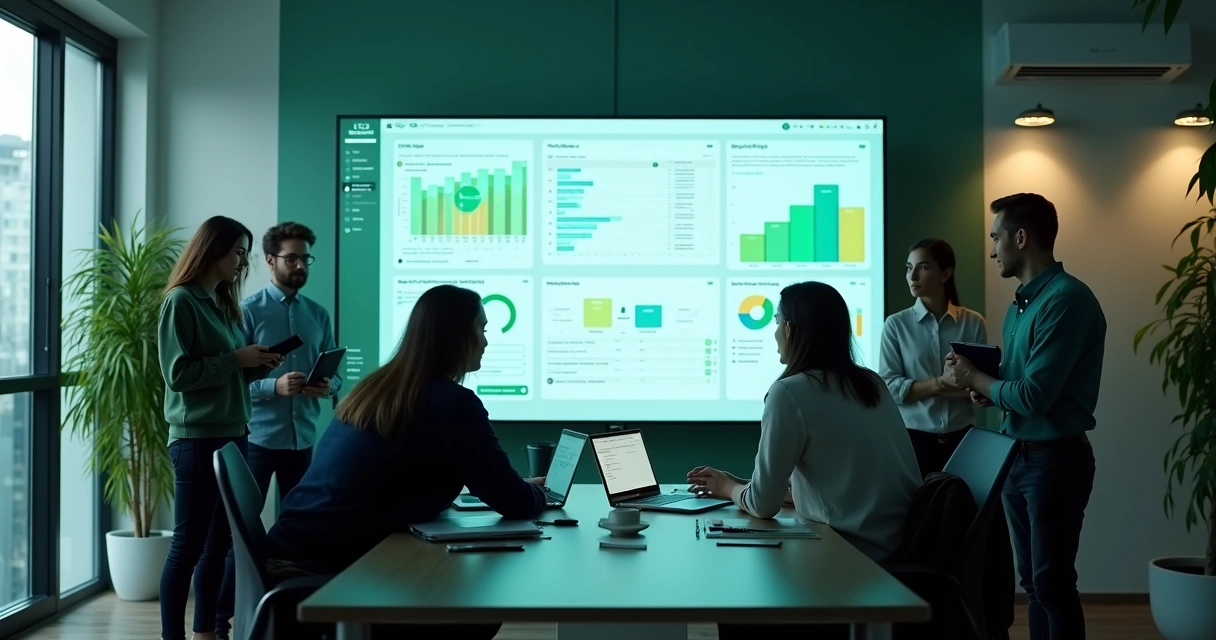Equipe de marketing digital visualizando painéis de chatbot e gráficos de resultados 