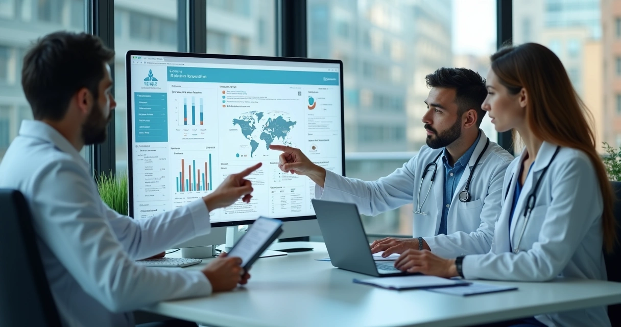 Profissionais de marketing analisando estratégias para clínica em ambiente moderno 