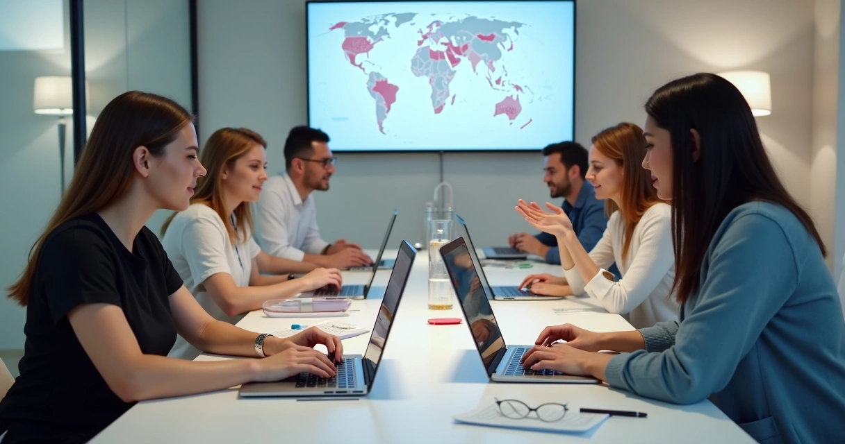 Equipe de marketing e beleza reunida discutindo anúncios de clínica 