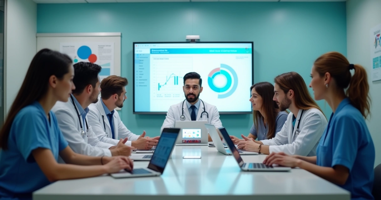 Equipe de marketing digital reunida em clínica médica planejando estratégias digitais 