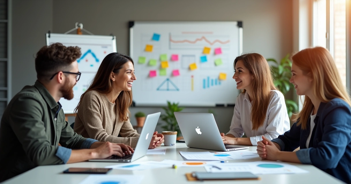 Equipe de marketing analisando estratégias digitais no escritório