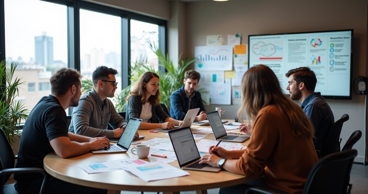 Equipe de marketing de conteúdo reunida em escritório moderno 