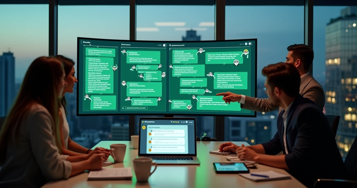 Equipe analisa painel de conversas de marketing conversacional no WhatsApp 