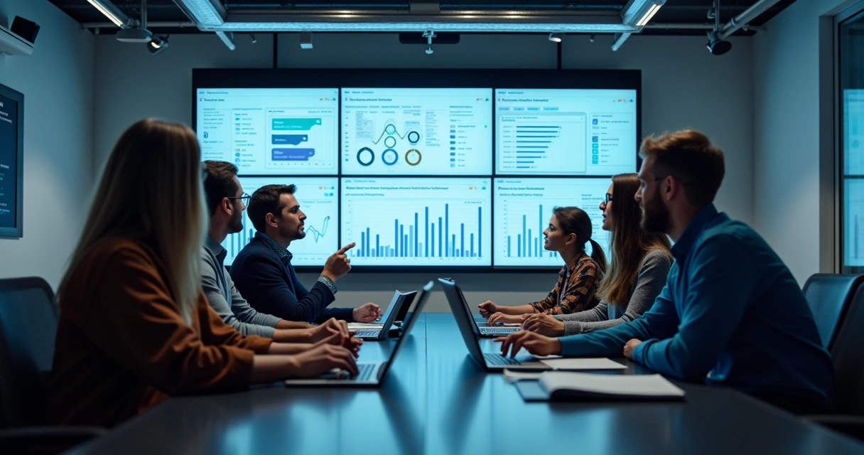Equipe de marketing trabalhando com painel de conversas de chatbots 