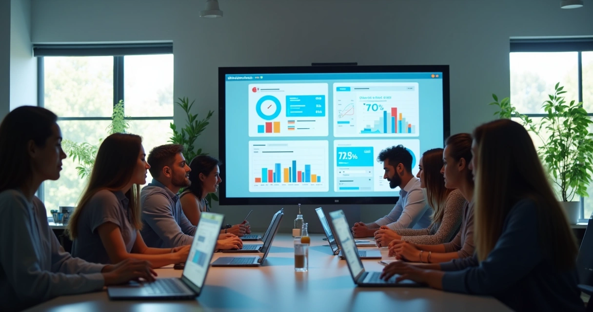 Equipe de marketing analisando taxas de conversão em landing page 