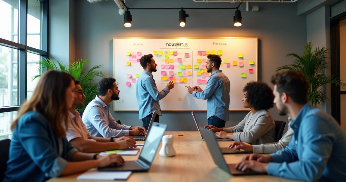 Equipe criativa de marketing reunida em sala de reunião em Criciúma 