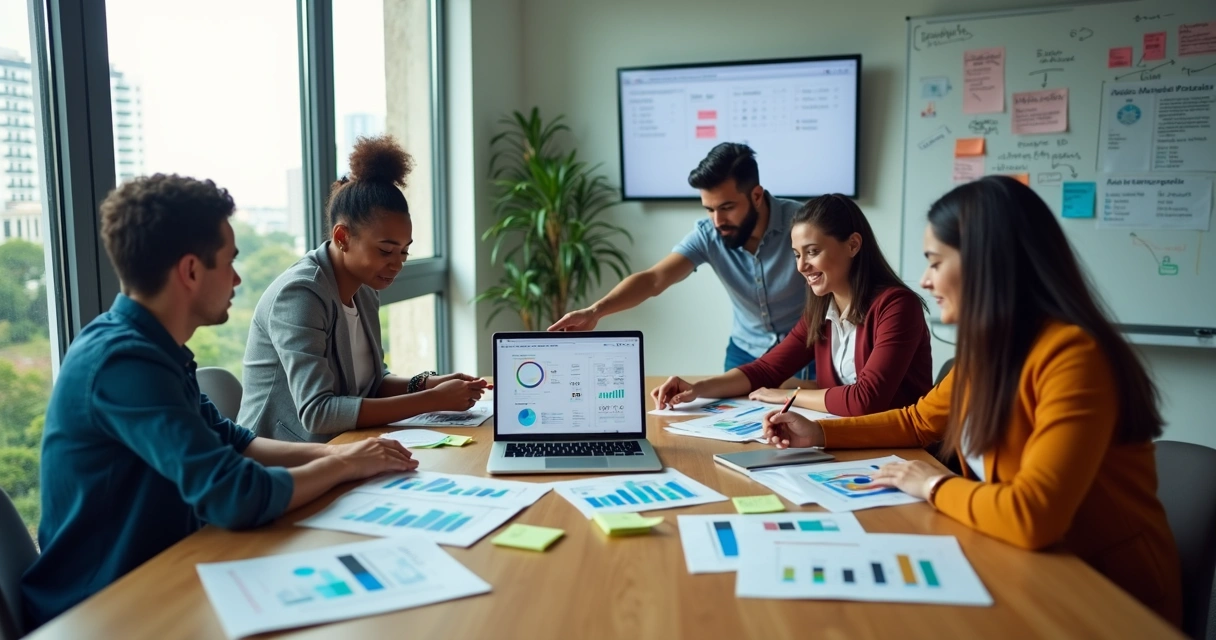 Equipe de marketing reunida em escritório moderno analisando gráficos em um laptop 