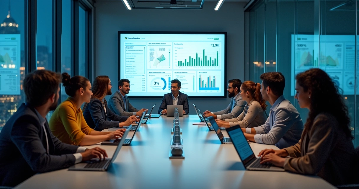 Profissionais de marketing reunidos analisando dashboard digital 