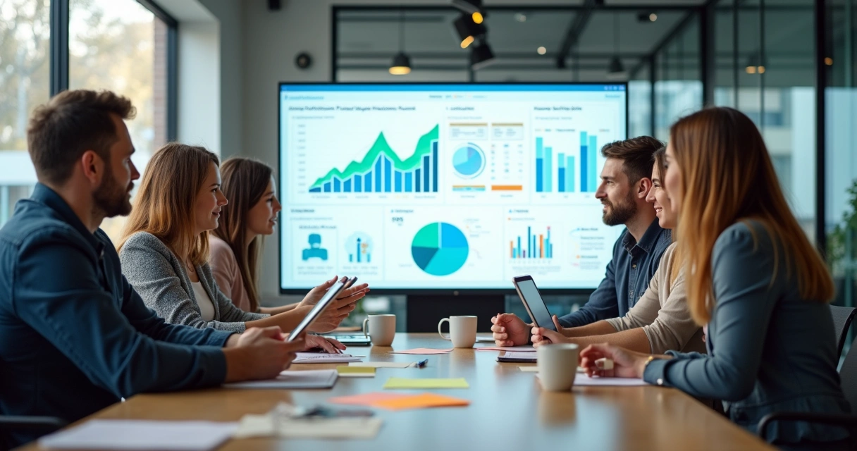 Equipe de marketing reunida, analisando gráficos e integração CRM em uma tela grande 