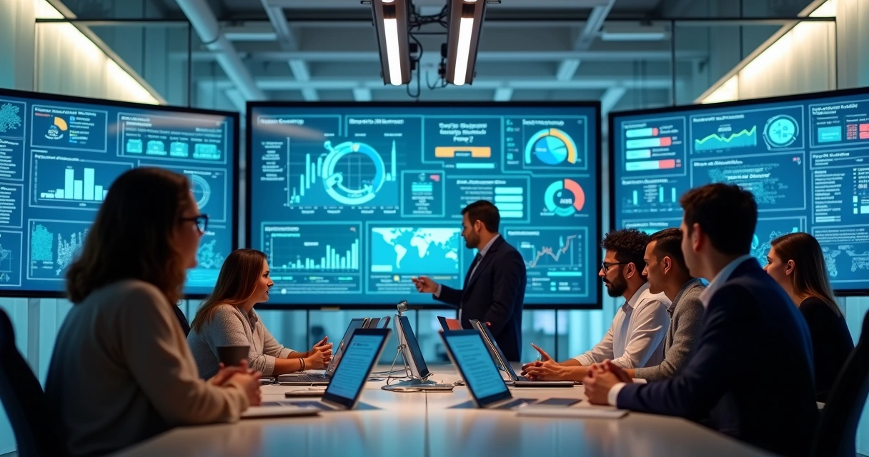 Equipe de marketing analisando painéis de dados e IA em escritório moderno 