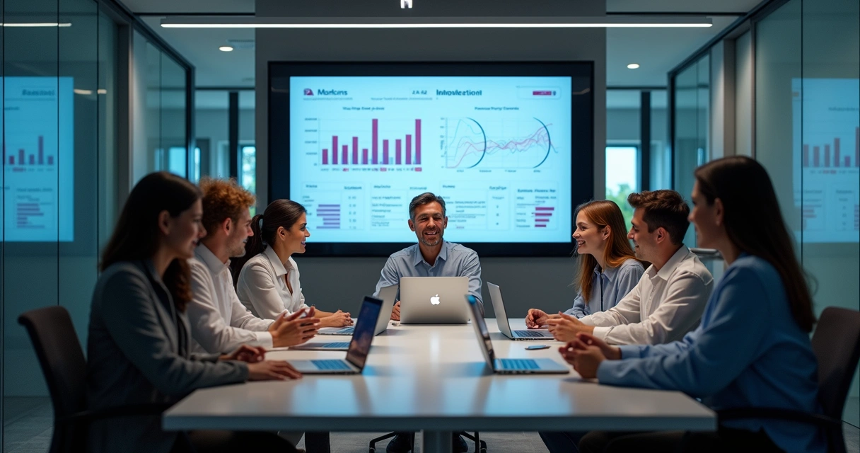 Equipe de marketing analisando dados com ferramentas de IA 