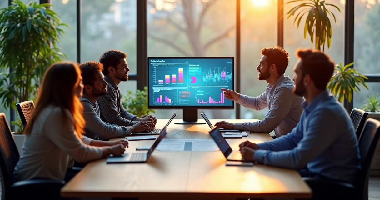 Equipe de marketing em reunião analisando computadores com gráficos de IA 