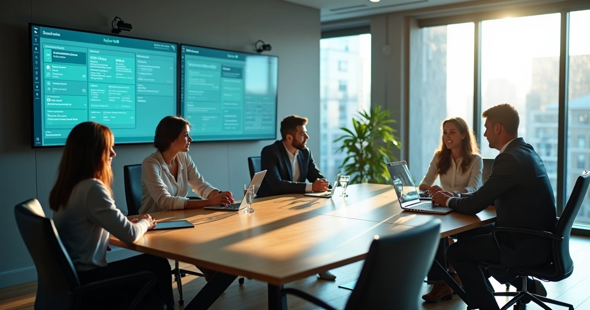 Equipe própria de marketing e central de atendimento juntas em uma reunião, com telas mostrando agendamentos e CRM de uma clínica odontológica