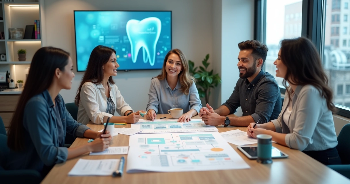 Equipe de marketing odontológico em reunião estratégica 
