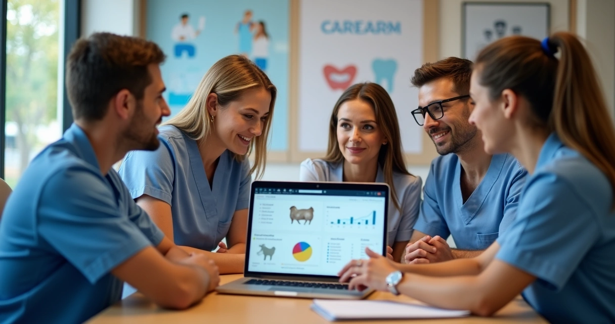 Equipe de odontologia e marketing reunidos em volta de notebook discutindo estratégia 