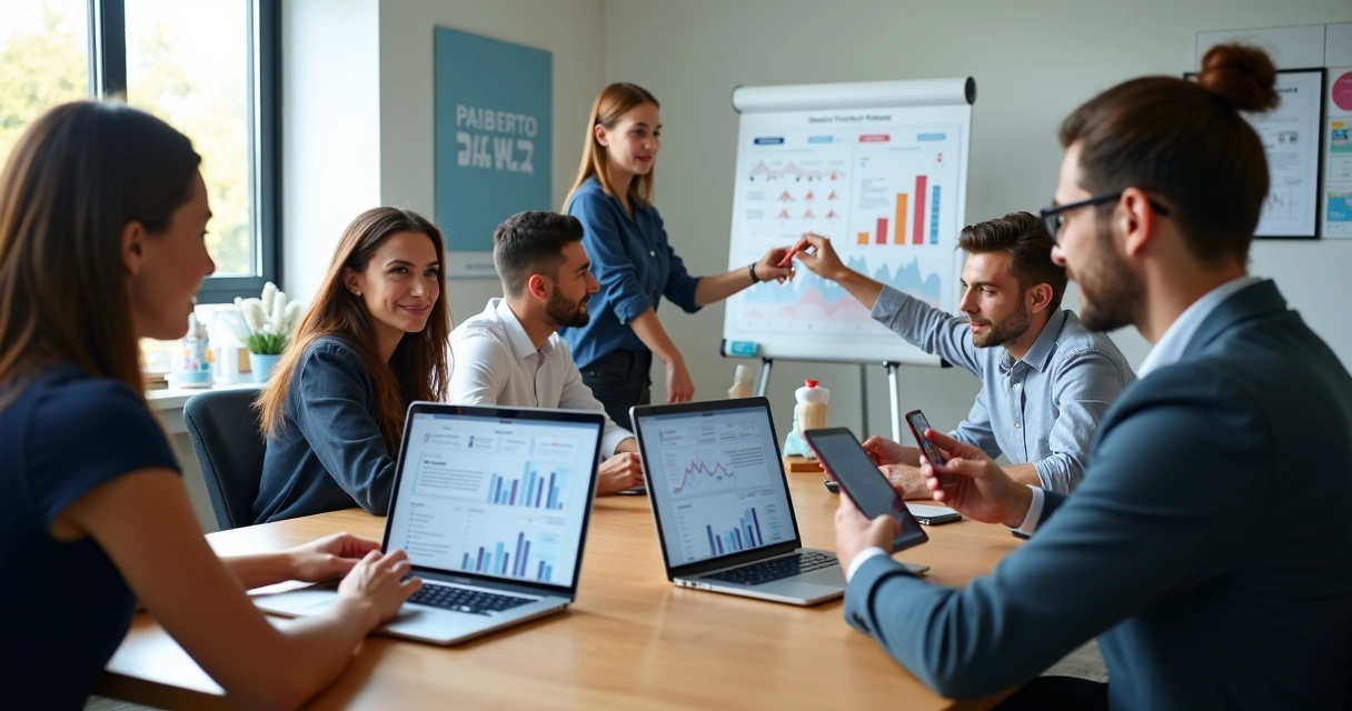 Equipe trabalhando em marketing digital para dentistas com computadores e gráficos de desempenho no escritório moderno 