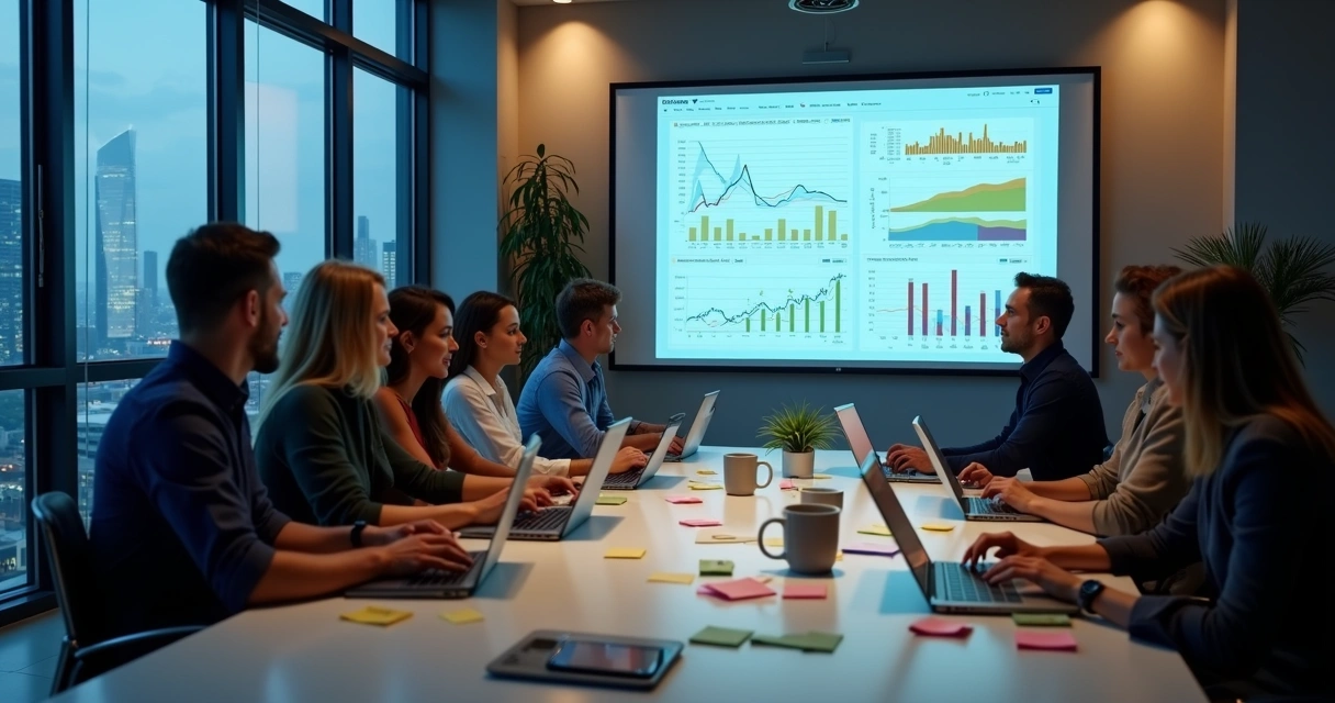 Equipe de marketing digital reunida analisando métricas em telas 