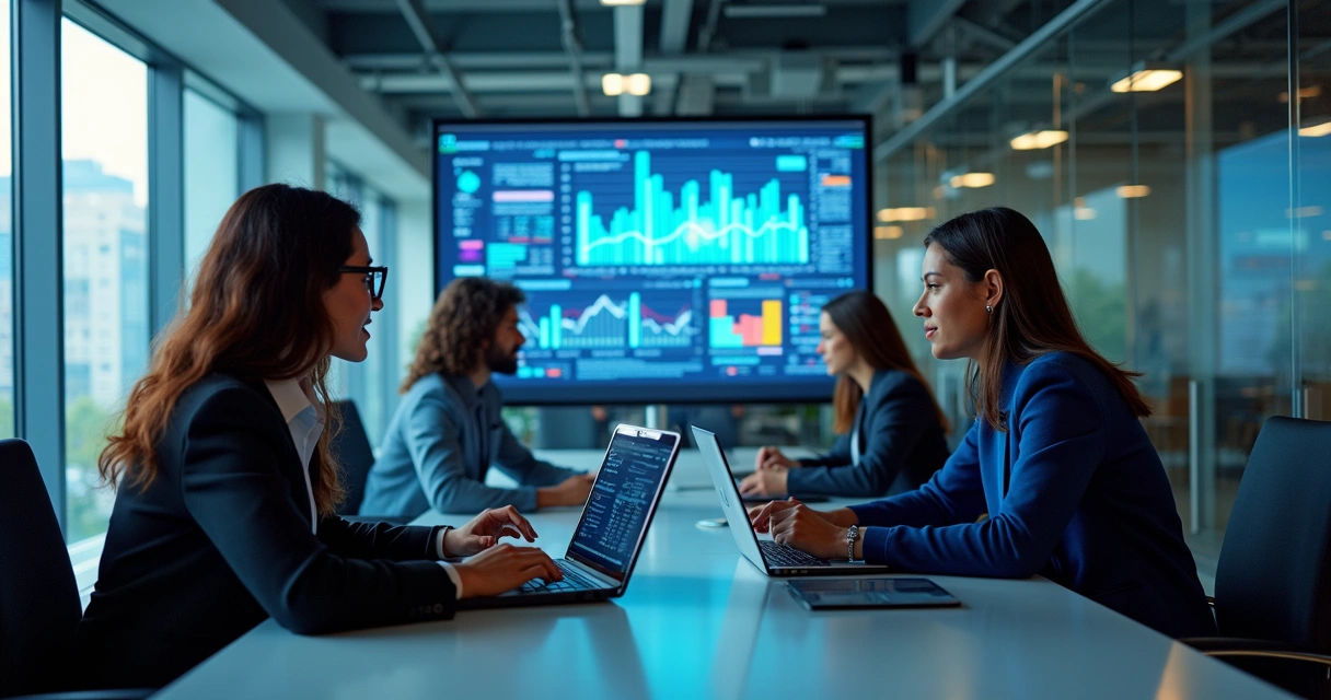 Profissionais de marketing em reuniões analisando gráficos em telas digitais 
