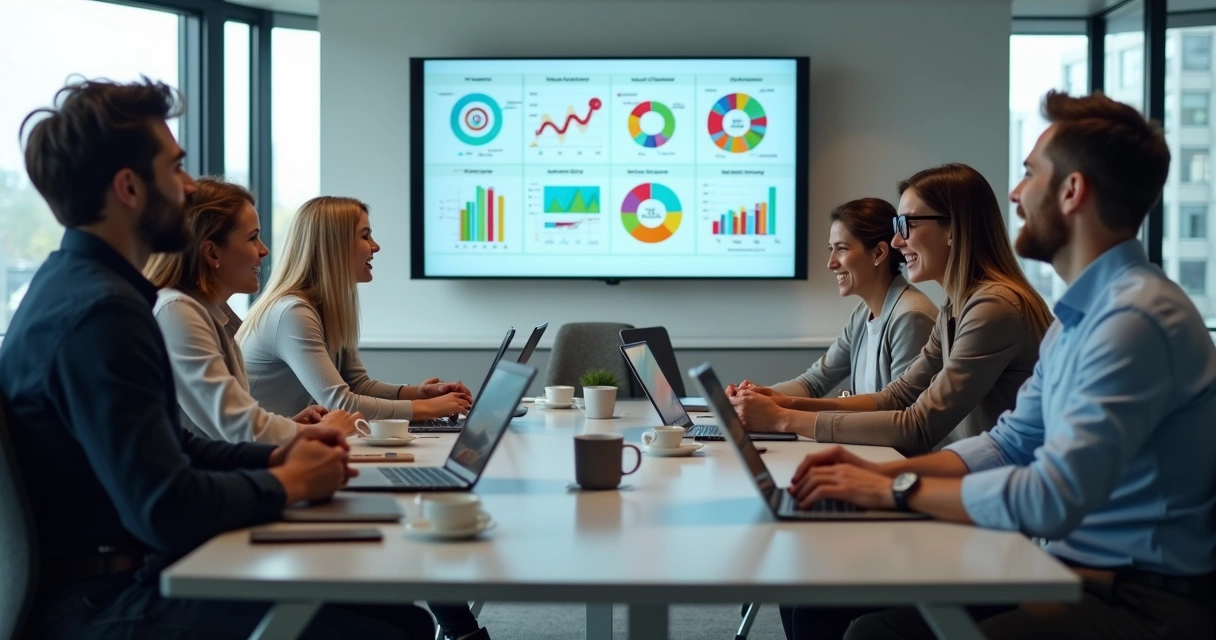Equipe de marketing digital reunida ao redor da mesa, debatendo gráficos em um ambiente de escritório moderno
