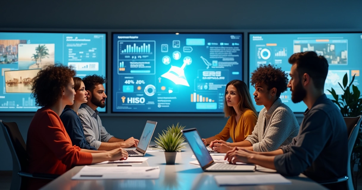 Equipe de marketing digital reunida em frente a telas analisando estratégias 