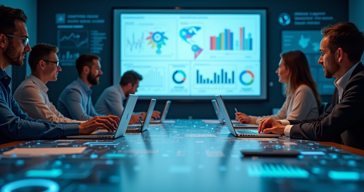 Equipe reunida discutindo estratégias de marketing digital para clínicas