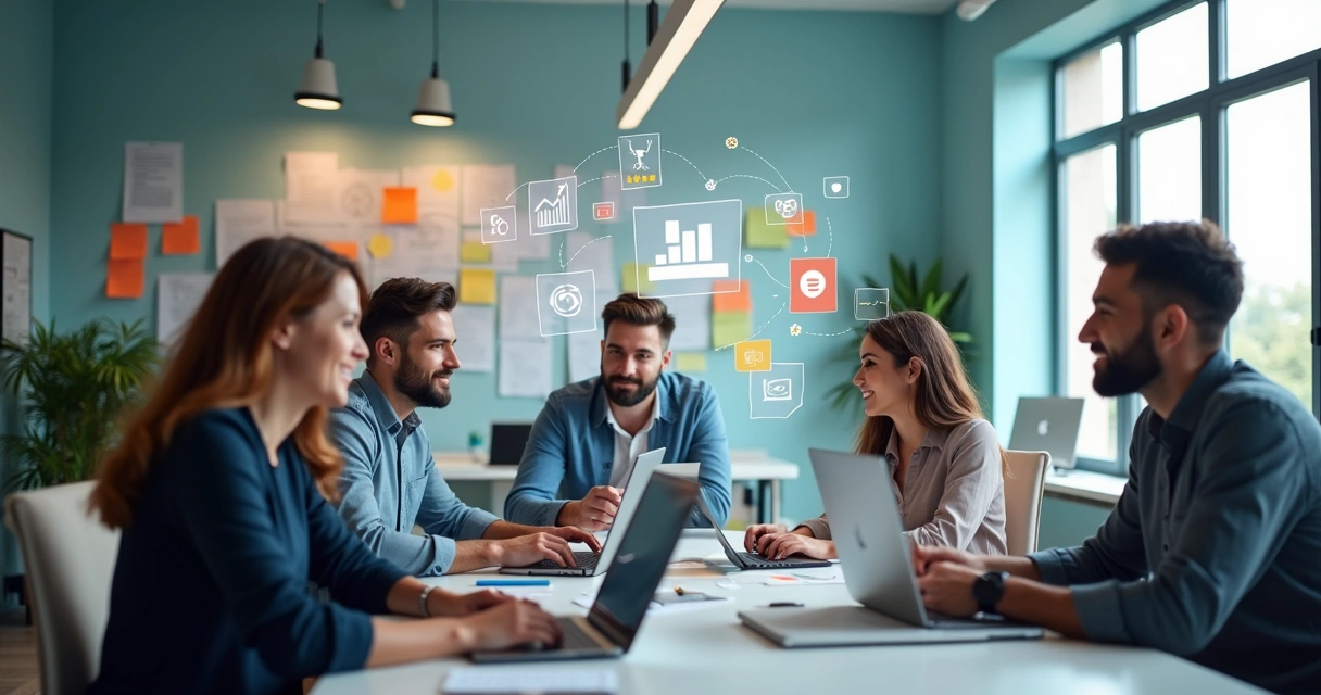 Equipe de marketing digital reunida em volta de computadores 