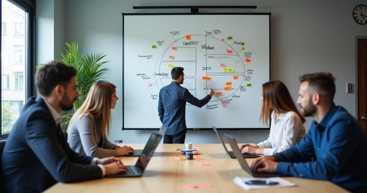 Time de marketing digital trabalhando juntos em laptops 