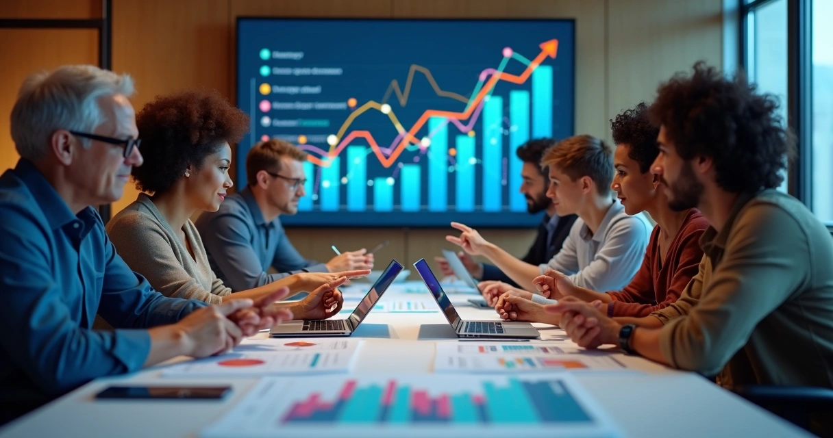 Equipe discutindo estratégias digitais em mesa de trabalho 