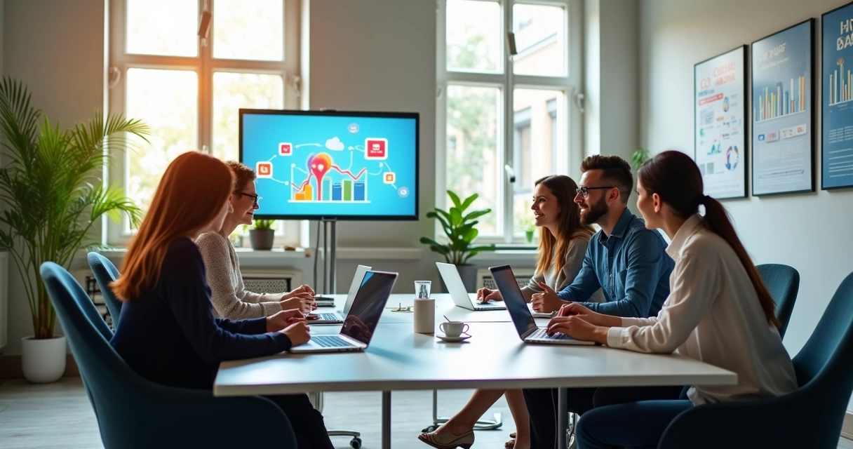 Equipe de marketing digital em reunião em escritório moderno 