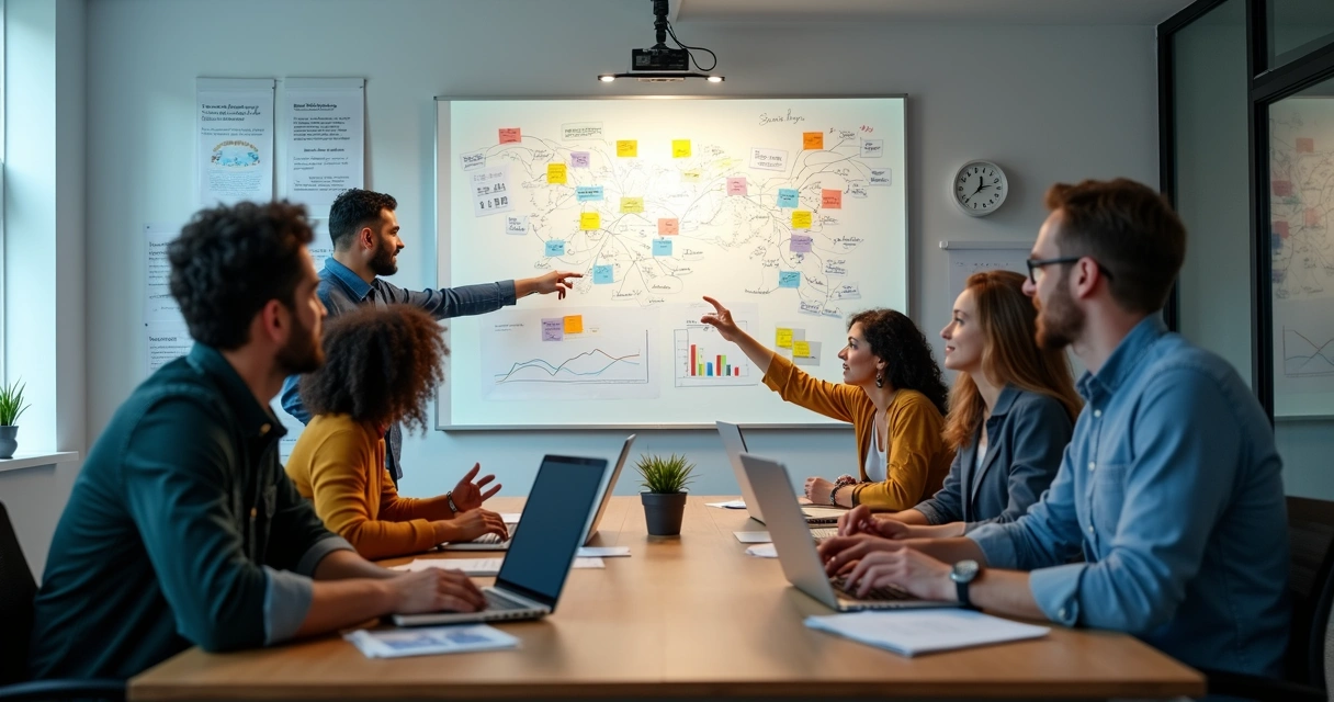 Equipe de marketing digital planejando campanha em sala de reunião 
