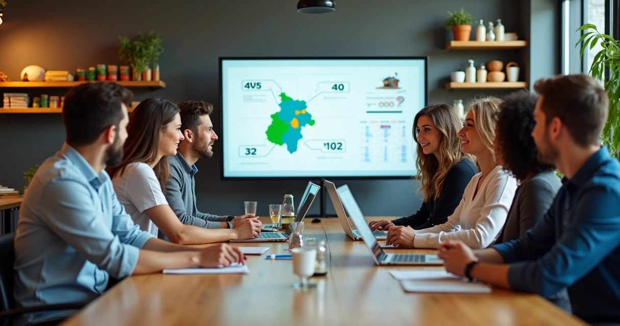 Equipe de marketing digital reunida em reunião de campanha, ambiente corporativo com estratégia visual de Feira de Santana 