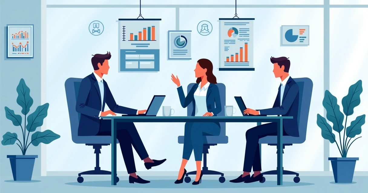 Equipe de marketing digital trabalhando com contadores reunidos em uma sala com ferramentas digitais e gráficos