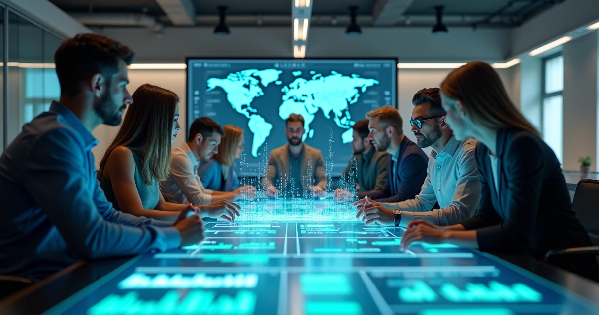 Equipe de marketing digital analisando dados em telas digitais 