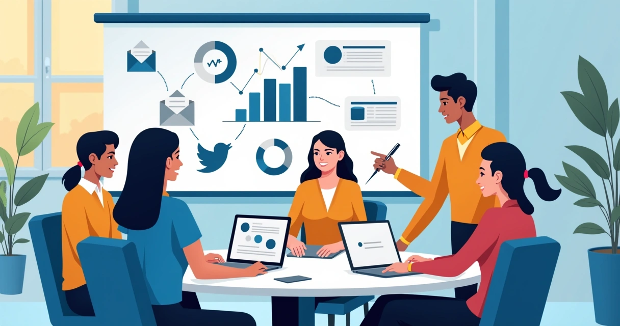 Equipe de marketing em frente a computadores e quadro com estratégias digitais 