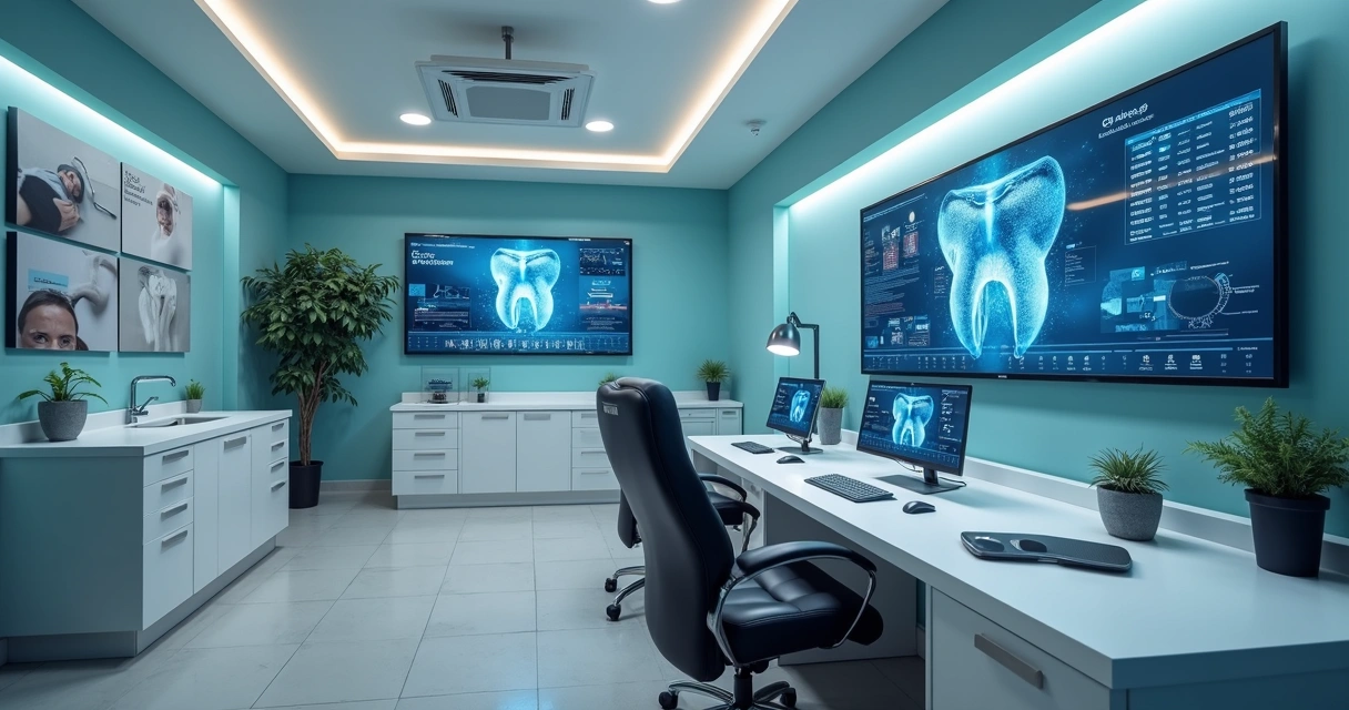 Equipe profissional de marketing digital reunida em sala moderna com computadores e gráficos de campanhas para clínica odontológica