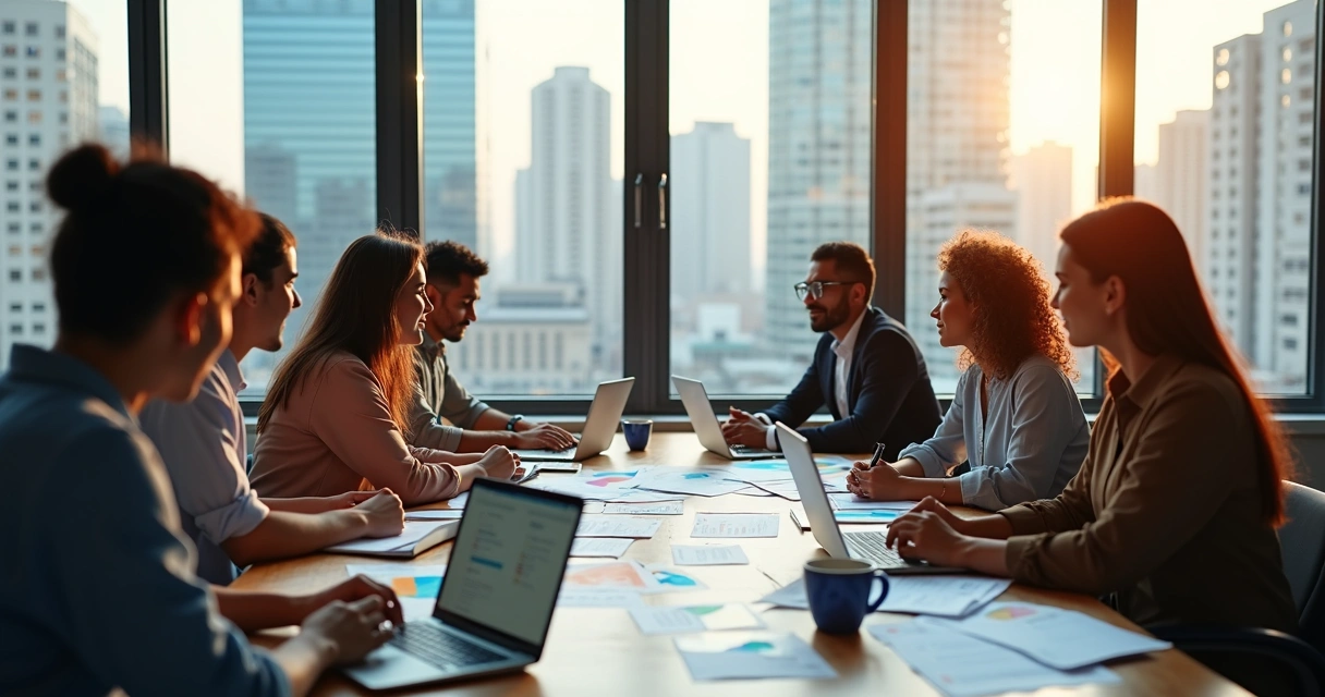 Equipe de marketing reunida em escritório moderno analisando gráficos digitais em Parnaíba. 