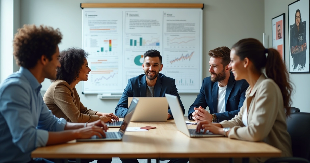 Equipe de marketing digital reunida em sala de reunião 