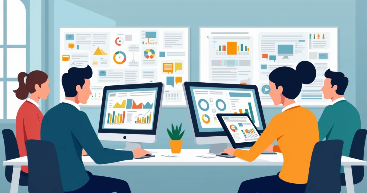 Equipe de marketing digital político trabalhando em computadores e analisando gráficos.