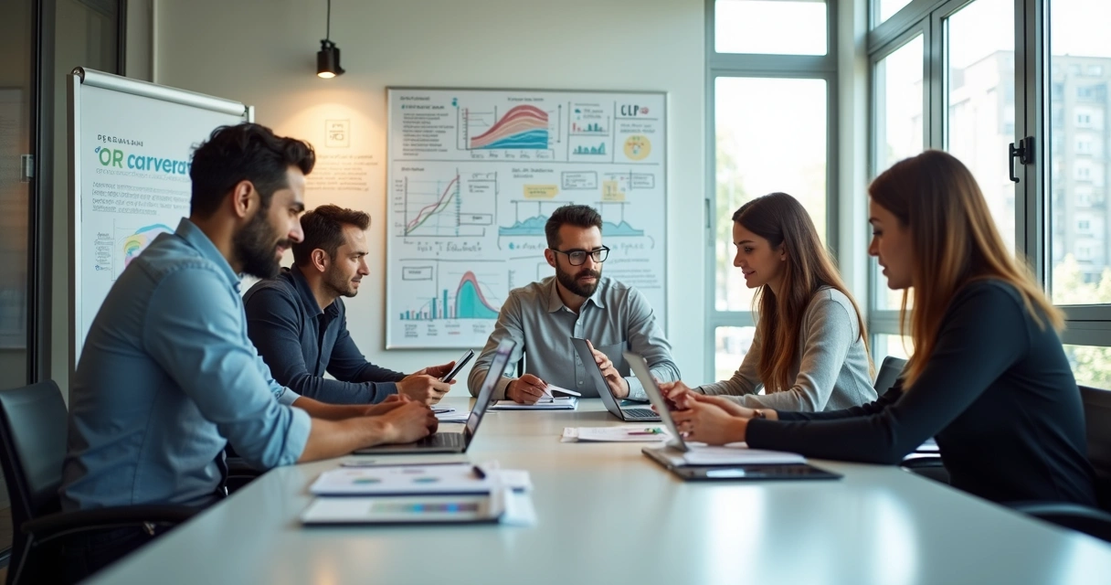 Equipe de marketing digital em reunião para estratégia de prospecção ativa no escritório moderno 