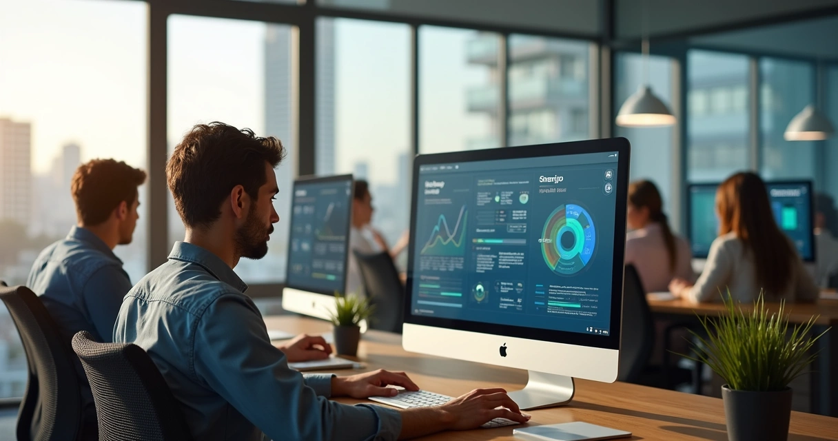 Equipe de marketing digital em escritório contemporâneo em Recife, trabalhando em computadores 