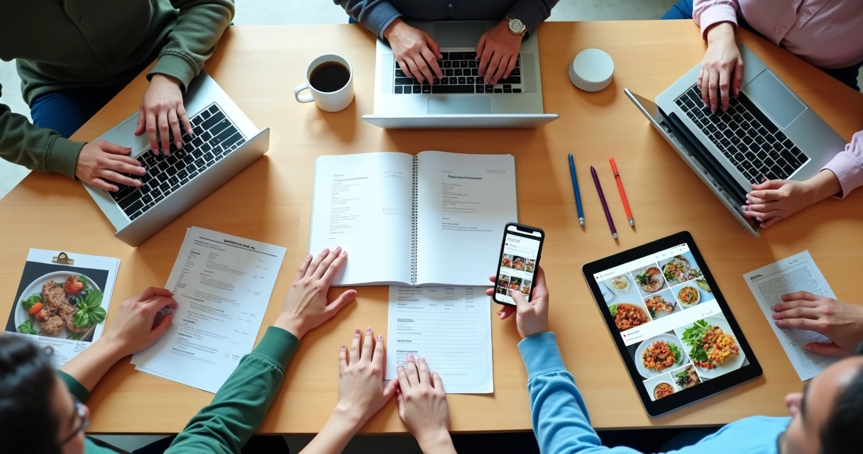 Equipe de marketing digital analisando dados de restaurante 