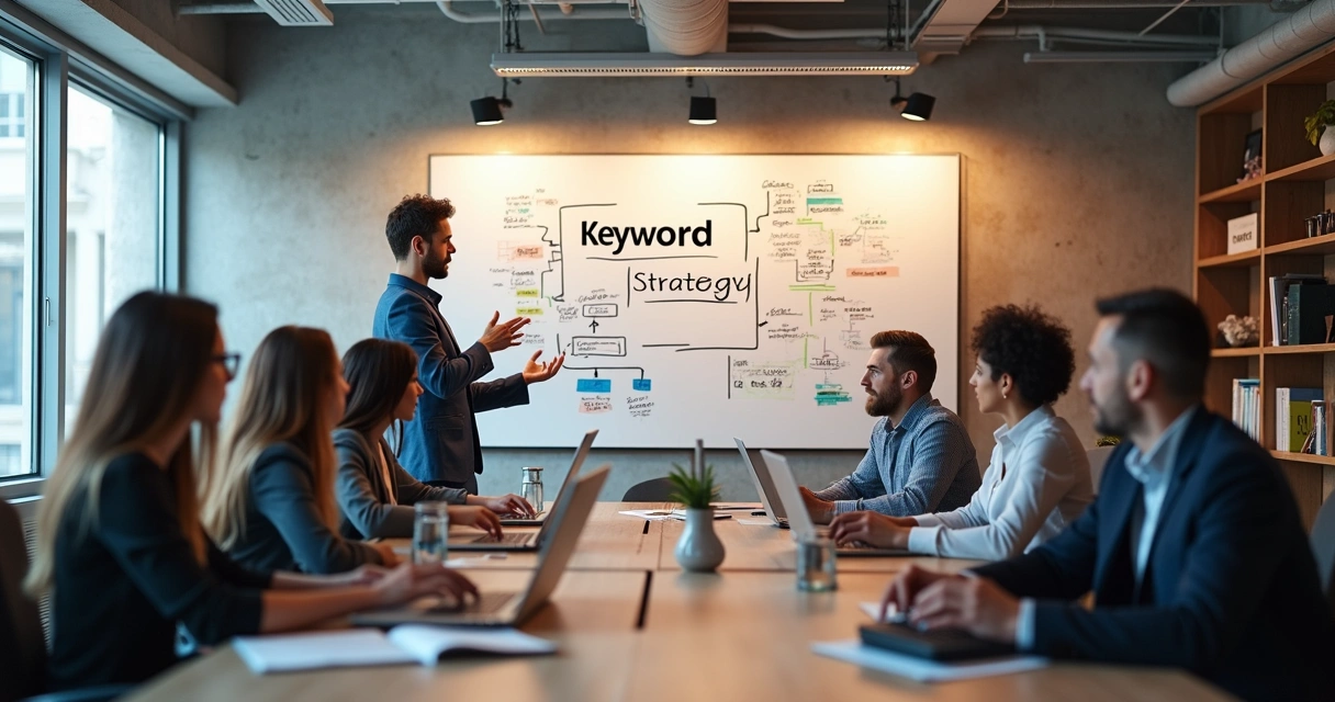Equipe diversa de marketing digital reunida em volta de mesa discutindo estratégias 