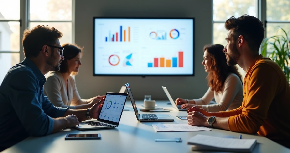 Equipe reunida em reunião de marketing digital 