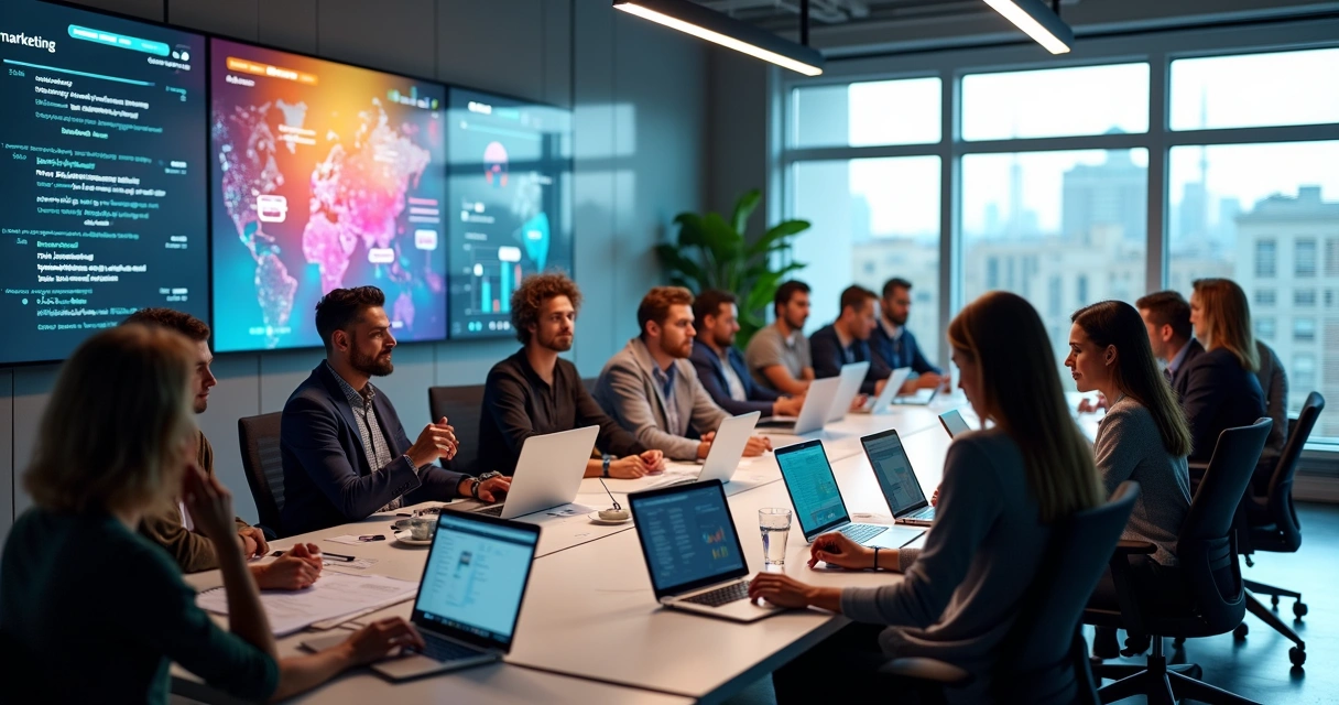 Equipe de marketing digital em reunião analisando gráficos e planejando campanhas 
