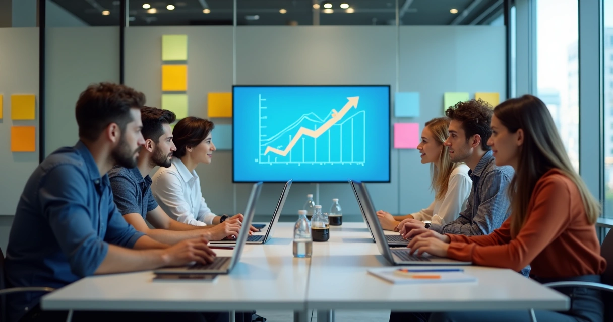 Equipe de marketing digital reunida em reunião animada 