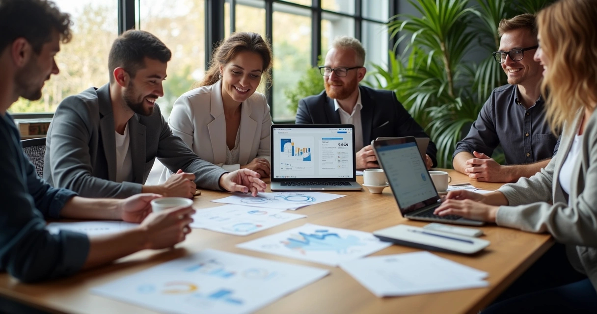 Equipe de marketing digital reunida em mesa redonda com computadores e papéis 