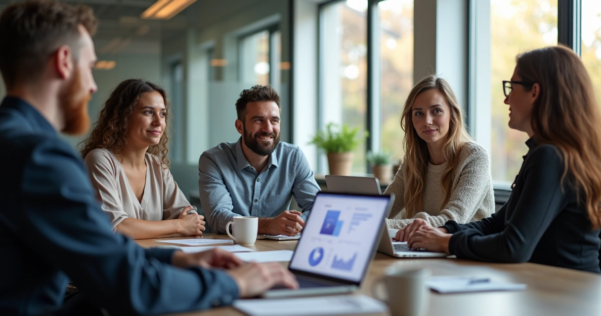 Equipe de marketing digital reunida em mesa discutindo estratégias, fundo escritório moderno 